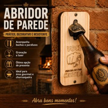 Abridor de Garrafa para Parede “Abra Aqui” em Madeira de Pinus com Parafuso