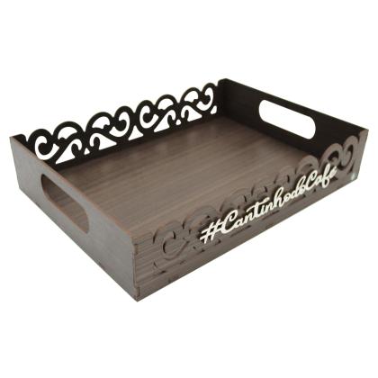 Bandeja de MDF Arabesco Decorada Nogueira para Cantinho do Café