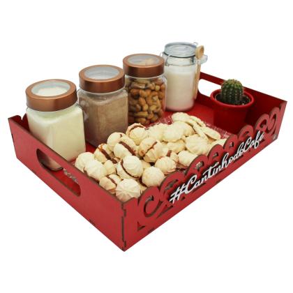 Bandeja de MDF Arabesco Decorada Vermelha para Cantinho do Café