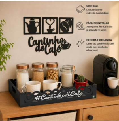 Bandeja de MDF Cantinho do Café Preta 35x25x7 cm