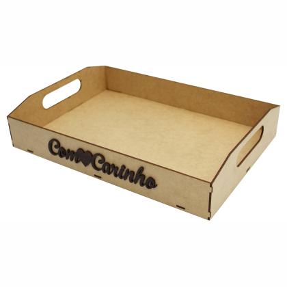 Bandeja com alça - aplique "Com carinho" 35X25X7 cm MDF cru