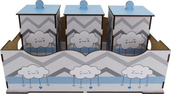 Bandeja e 3 Potes Bebê Decoração Nuvem Azul Mdf