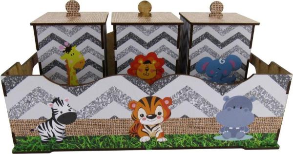 Bandeja e 3 Potes Bebê Decoração Safari Mdf
