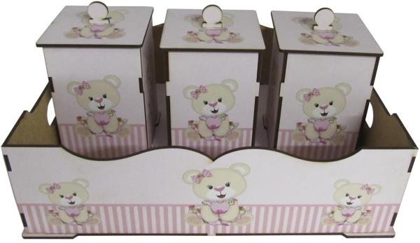 Bandeja e 3 Potes Bebê Decoração Ursa Rosa Mdf