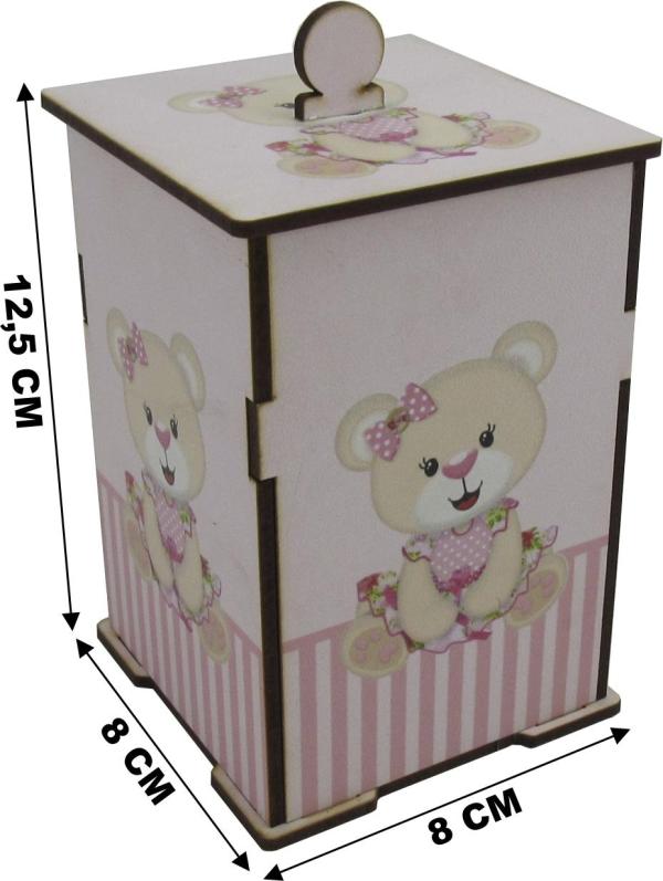 Bandeja e 3 Potes Bebê Decoração Ursa Rosa Mdf