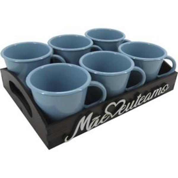 Bandeja Mãe Eu Te Amo Com 6 Xícaras Azul Acrílica Presente Dia das Mães