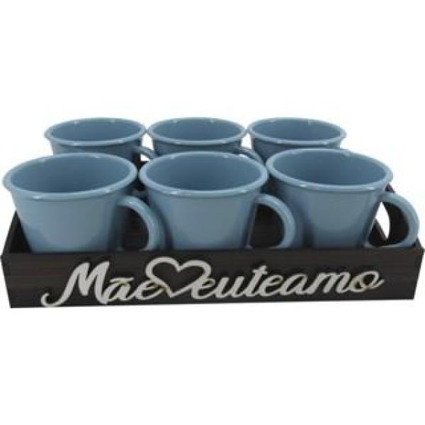 Bandeja Mãe Eu Te Amo Com 6 Xícaras Azul Acrílica Presente Dia das Mães