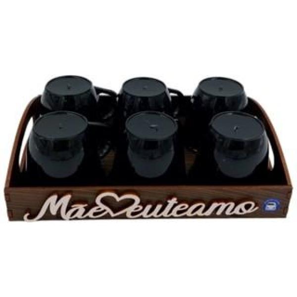 Bandeja Mãe Eu Te Amo Com 6 Xícaras Preta Acrílica Presente Dia das Mães