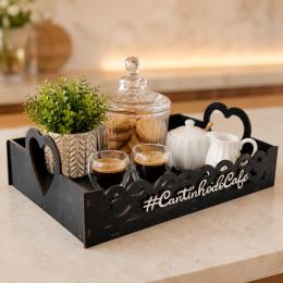 Bandeja mdf preta cantinho do café decorativa com alça coração organizadora para mesa cozinha