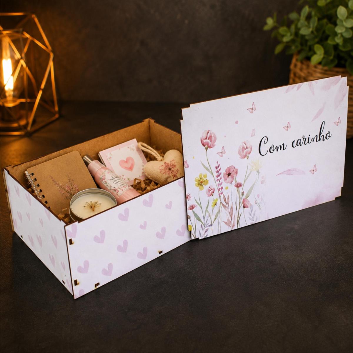 Caixa com carinho organizadora presente com tampa de sapato MDF decorado 23x17x9 Cm
