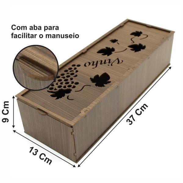 Caixa de Vinho MDF 37x13x9 com Tampa de Correr a Laser Madeira Nogueira - Envio Rápido