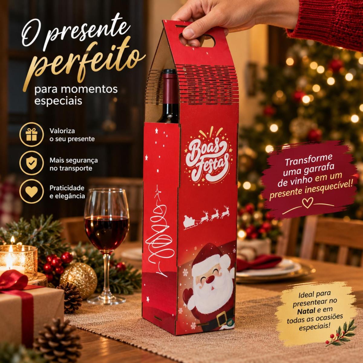 Caixa para Vinho Natalina MDF 10x10x40 cm 