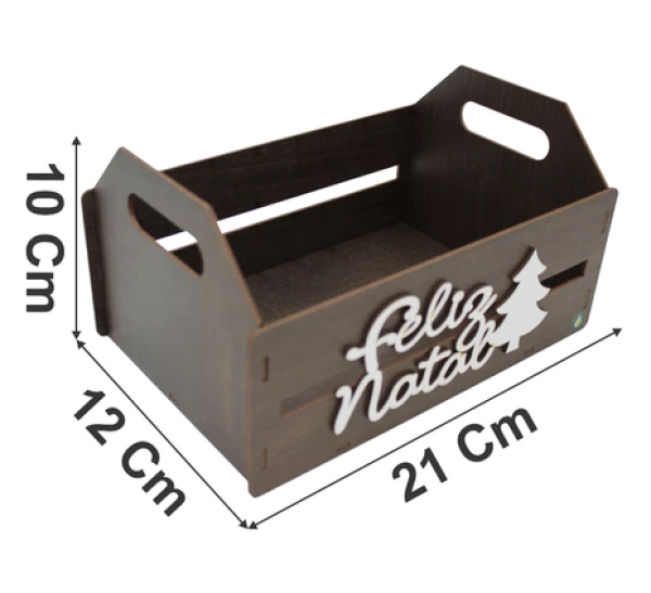 Caixote Laser Pintado com aplique Feliz Natal Médio - Marrom