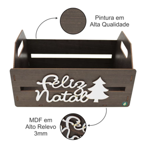 Caixote Laser Pintado com aplique Feliz Natal Médio - Marrom