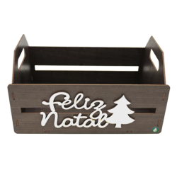 Caixote laser pintado com aplique feliz natal pequeno - marrom