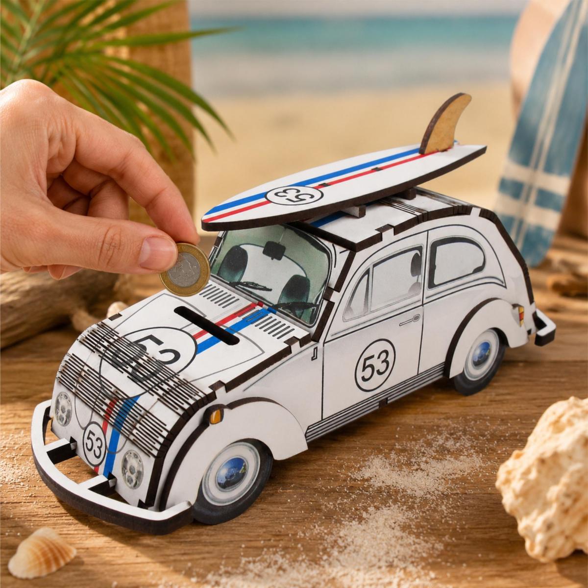 Cofrinho Dinheiro MDF Fusca 53 Com Prancha Porta Moedas Infantil Decorativo Presente Criativo