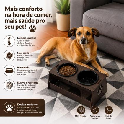 Comedouro 2 Potes Elevado para Cachorro e Gato em Mdf Nogueira com Tigela de Plástico Tendência