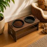 Comedouro 2 Potes Elevado para Cachorro e Gato em Mdf Nogueira/Branco com Tigela de Plástico Tendência