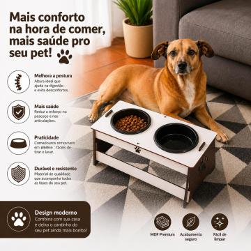 Comedouro 2 Potes Elevado para Cachorro e Gato em Mdf Nogueira/Branco com Tigela de Plástico Tendência