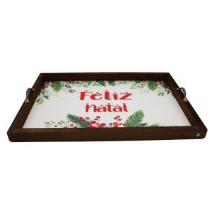 Bandeja Decorativa Festa Alça Metal Decoração Feliz Natal Mdf 44X32X3CM