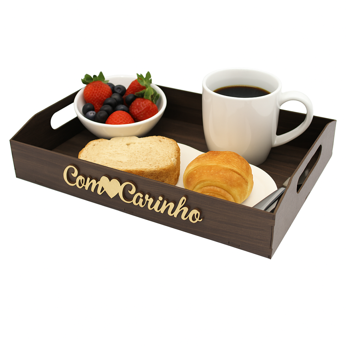 Bandeja Pintada Decorada com alça  - aplique "Com carinho" 35X25X7 Cm