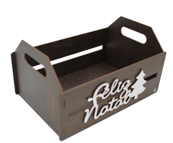 Caixote Laser Pintado com aplique Feliz Natal Grande - Marrom