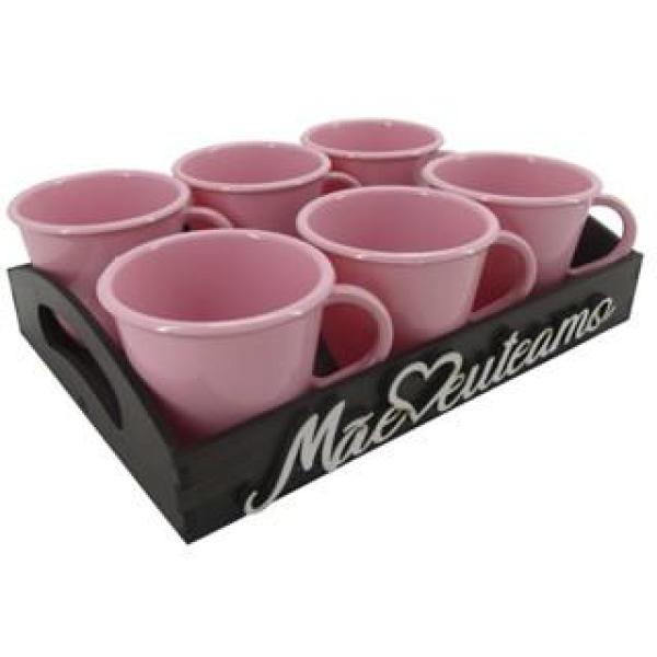 Bandeja Mãe Eu Te Amo Com 6 Xícaras Rosa Acrílica Presente Dia das Mães