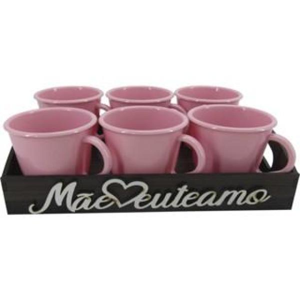 Bandeja Mãe Eu Te Amo Com 6 Xícaras Rosa Acrílica Presente Dia das Mães