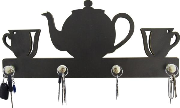 Porta Chaves Recortes Preto Xicaras e Bule Mdf