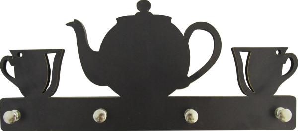 Porta Chaves Recortes Preto Xicaras e Bule Mdf