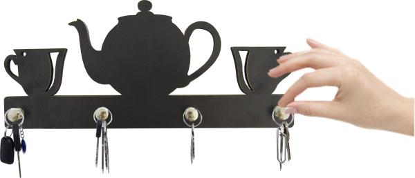 Porta Chaves Recortes Preto Xicaras e Bule Mdf