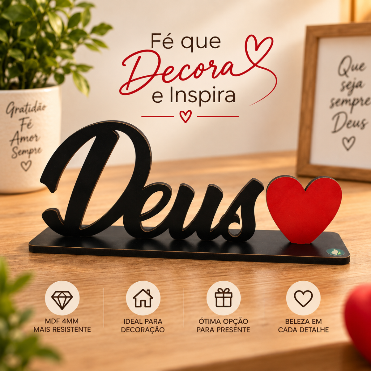 Decoração de Mesa Família MDF com Base Enfeite de Mesa Coração Palavra Decorativa Adesivada 30x10 Cm