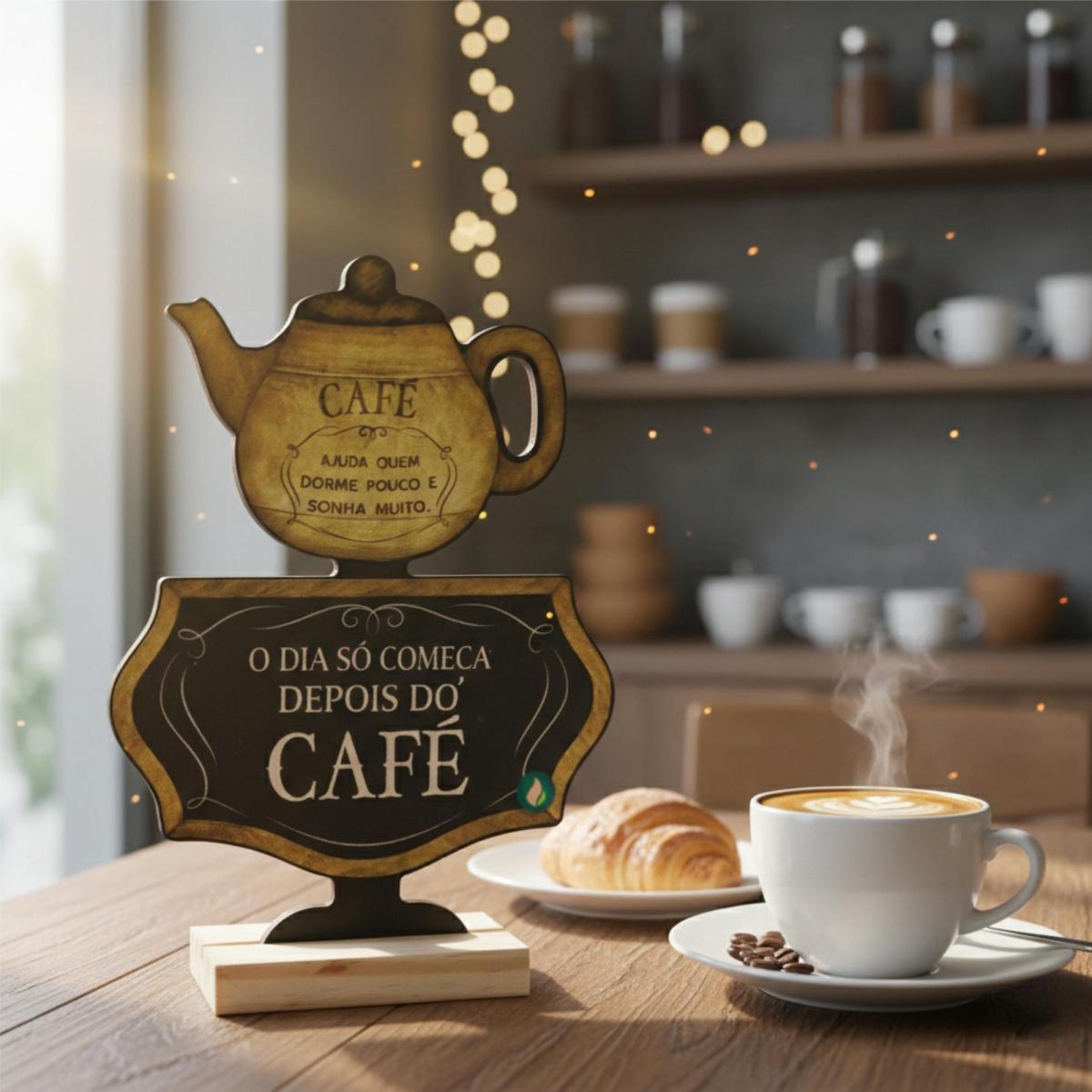 decoração enfeite para mesa - O dia só começa depois do café, Cantinho do café - MDF e base de pinos
