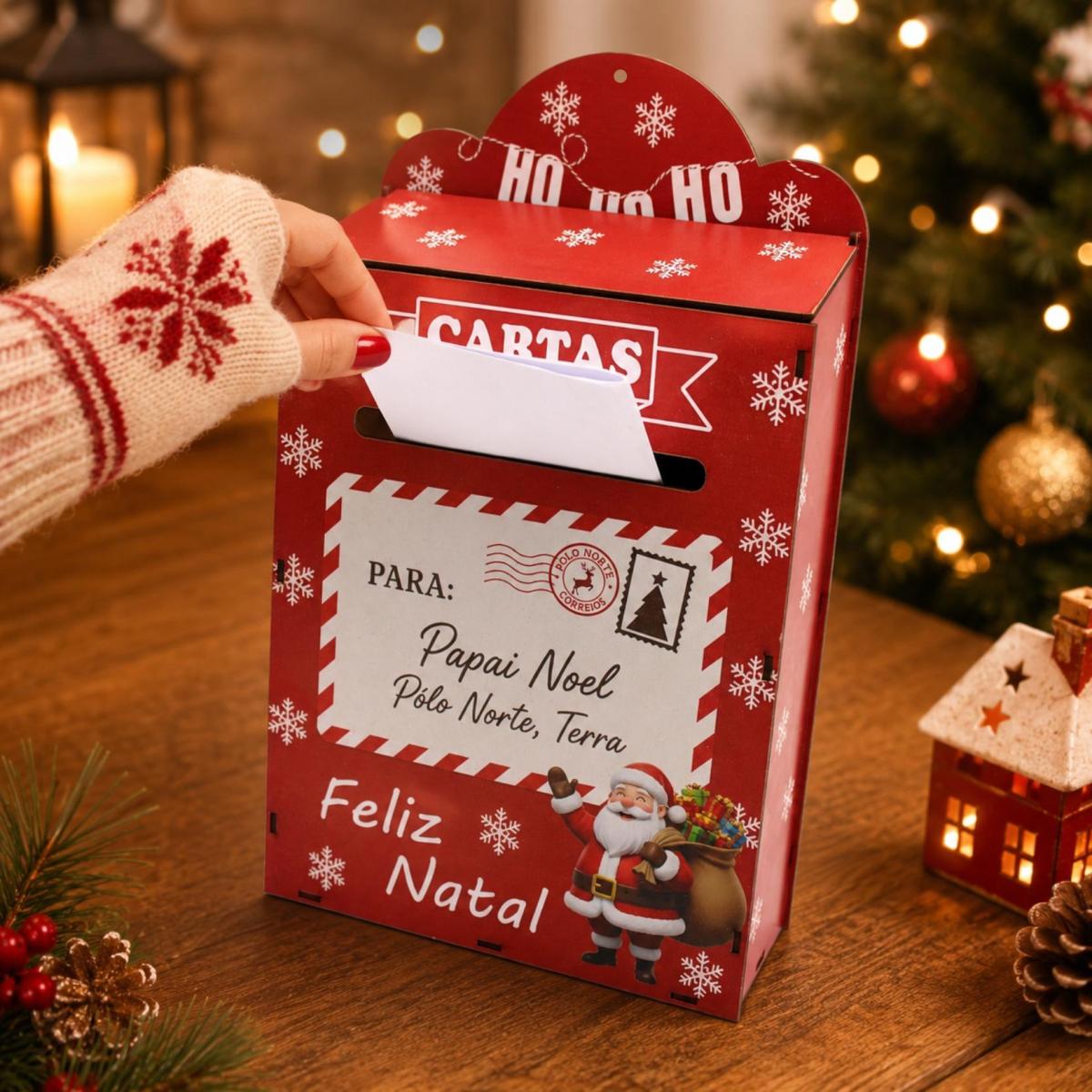 Decoração Natalina Caixa de Correio Papai Noel MDF Porta Cartas Decorativa para Mesa Lar 35x21x8 cm