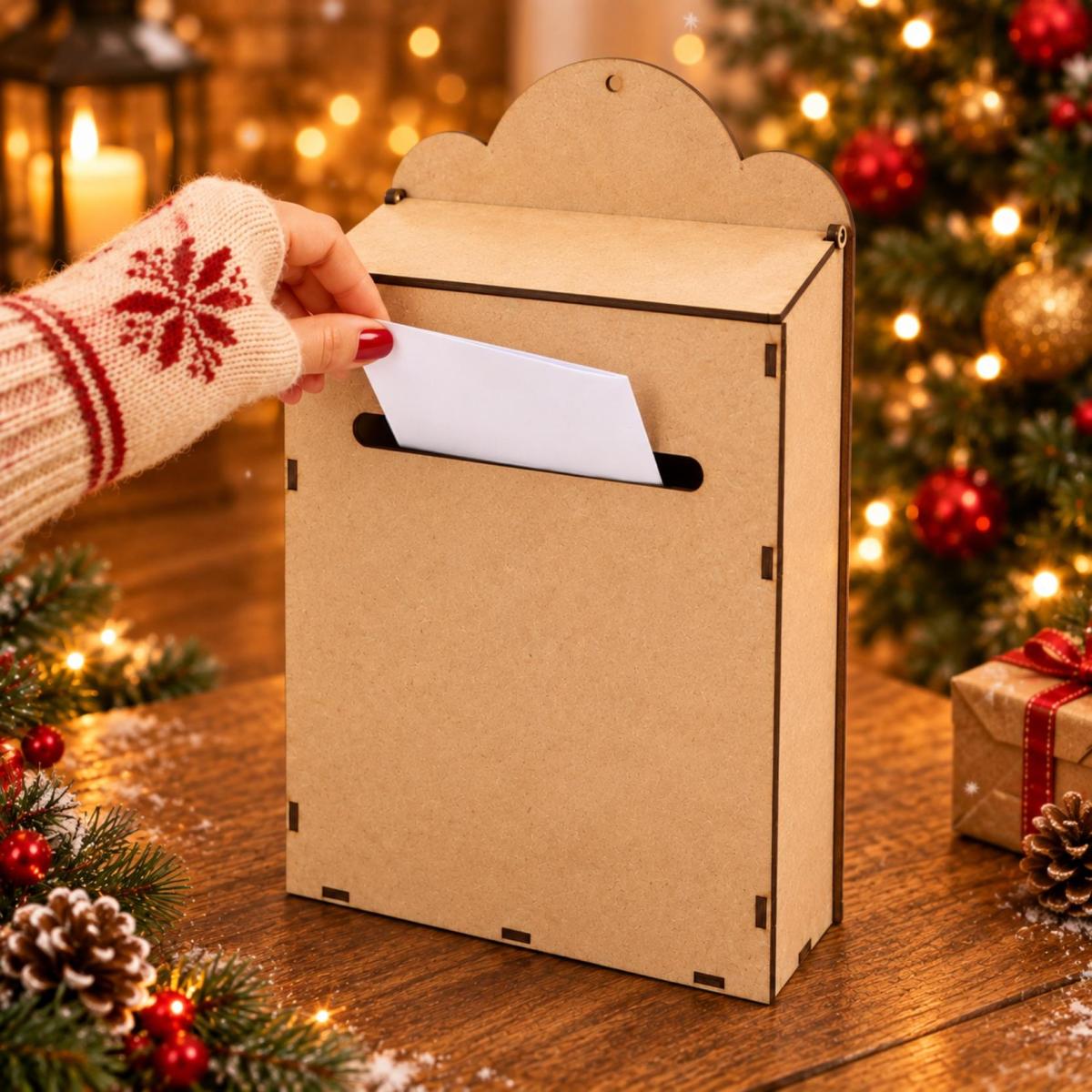 Decoração Natalina Caixa de Correio Papai Noel MDF Porta Cartas Decorativa para Mesa Lar 35x21x8 cm MDF crú