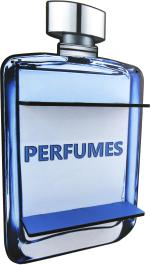 EXPOSITOR DE PERFUME AZUL ADESIVADO