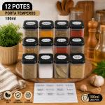 kit 12 Potes porta Temperos Condimentos Sal Parrilha 180ml Tampa Dupla Reforçada com Etiquetas