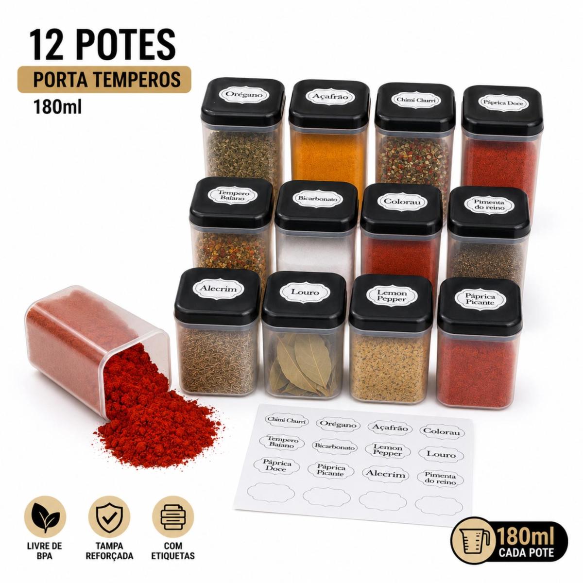 kit 12 Potes porta Temperos Condimentos Sal Parrilha 180ml Tampa Dupla Reforçada com Etiquetas