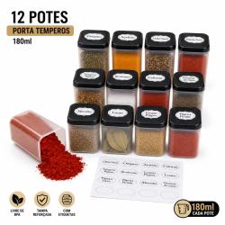 Kit 12 potes porta temperos condimentos sal parrilha 180ml tampa dupla reforçada com etiquetas