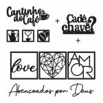 Kit 6 Placas Decorativas + 2 Letreiros Cantinho do Café e Abençoados + Porta Chaves MDF Preto