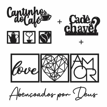 Kit 6 Placas Decorativas + 2 Letreiros Cantinho do Café e Abençoados + Porta Chaves MDF Preto
