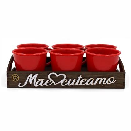 KIT 6 XICARAS AC. 85ML 'VERMELHO' C. BANDEJA  MAE TE AMO