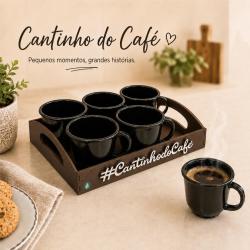 Xicaras para cafe - kit cantinho do café com 6 xícaras em acrílico - bandeja em mdf com aplique