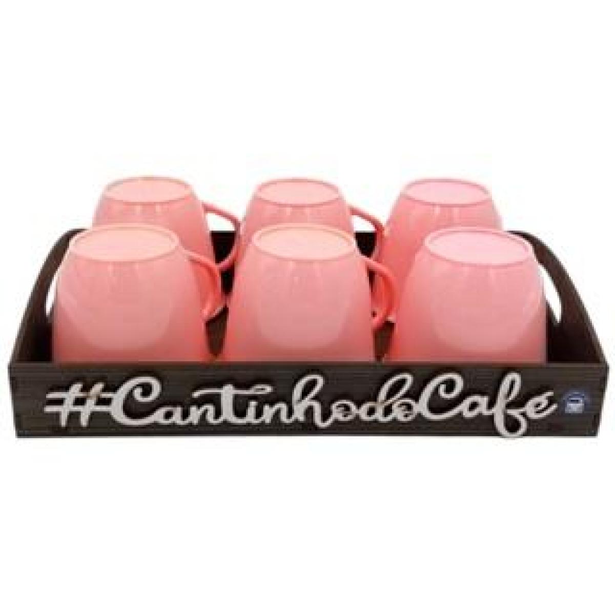 kit Bandeja com aplique cantinho do café com 6 xicaras Rosa grandes acrílicas  de 180ml