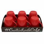 kit Bandeja com aplique cantinho do café com 6 xicaras vermelha  grandes acrílicas  de 180ml
