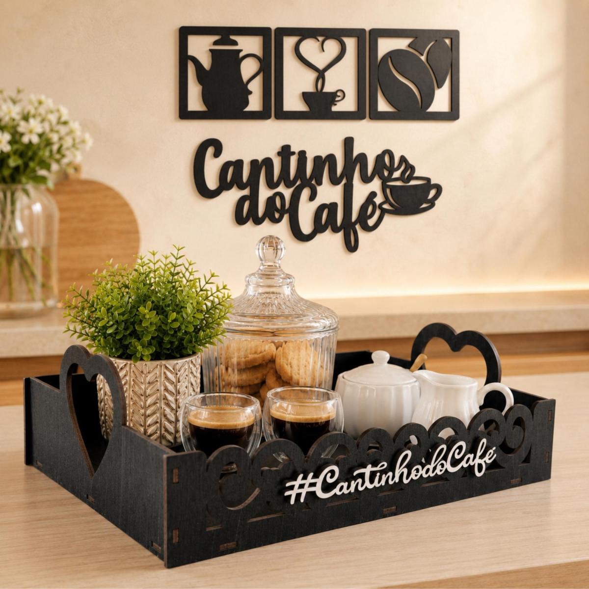 Kit Bandeja + Kit Aplique Cantinho do Café MDF Preto Decoração de Parede e Cozinha em MDF decorado