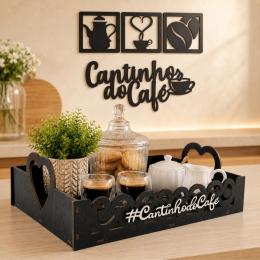 Kit bandeja + kit aplique cantinho do café mdf preto decoração de parede e cozinha em mdf decorado