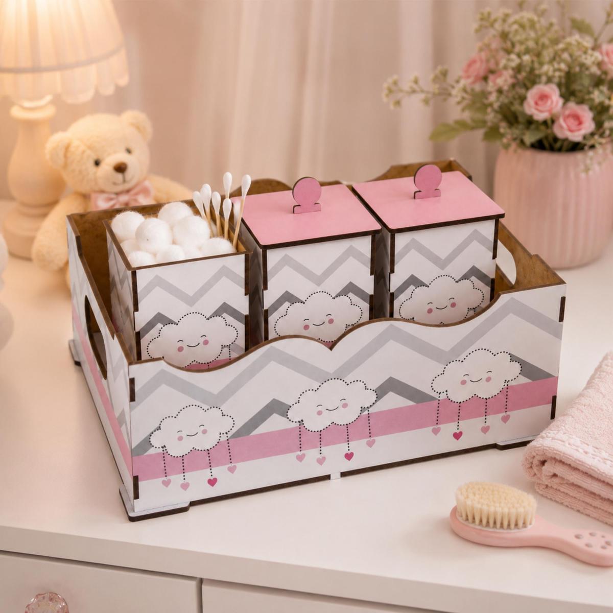 Kit Bebê 4 Peças MDF Nuvem Rosa ou Azul Higiene Bandeja Potes Organizador Infantil Maternidade