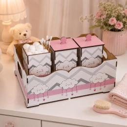 Kit bebê 4 peças mdf nuvem rosa ou azul higiene bandeja potes organizador infantil maternidade