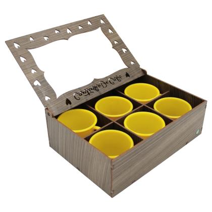 Kit Cantinho Café Completo: 6 Xícaras  amarelo Acrílico 85ml + Caixa MDF 